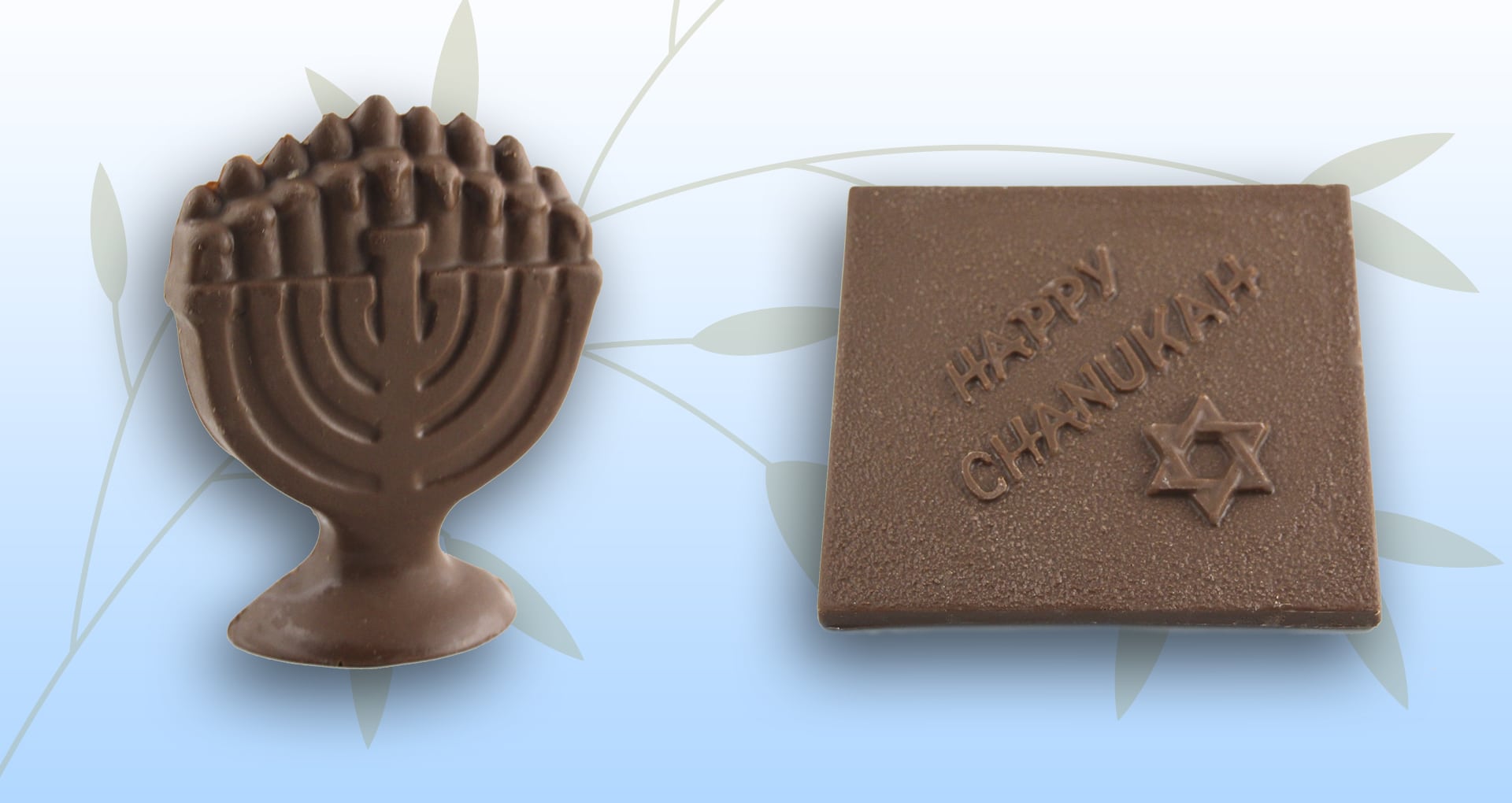A chocolate Menorah and a chocolate “Happy Chanukah” plaque